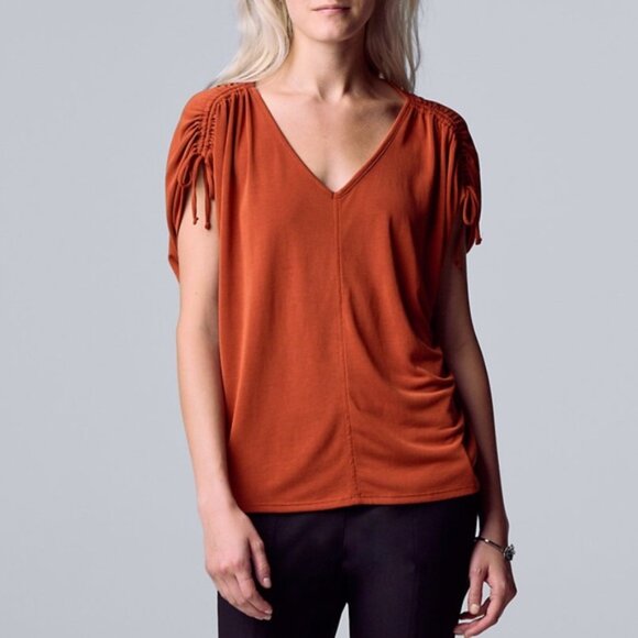 Simply Vera Vera Wang Brown and Orange Puff Sleeve Blouse - Picture 1 of 5